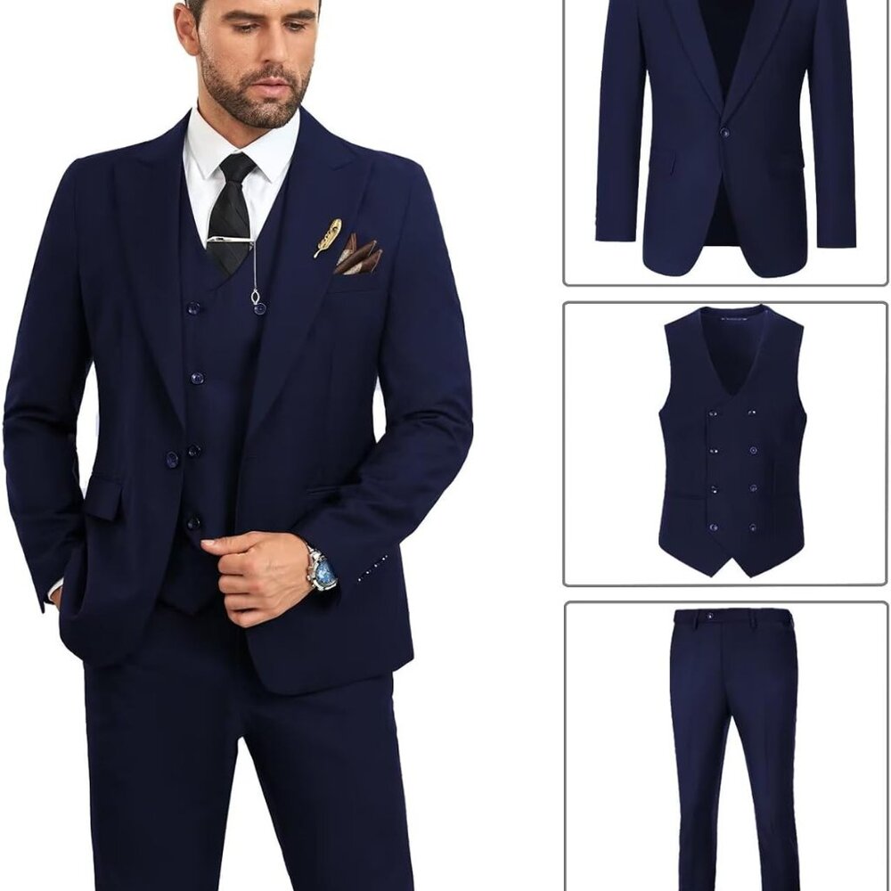 Mens Suit Slim Fit 3 Piece Double Breasted Suit Men Formal Tuxedo Set Casual Wed - Picture 4 of 6